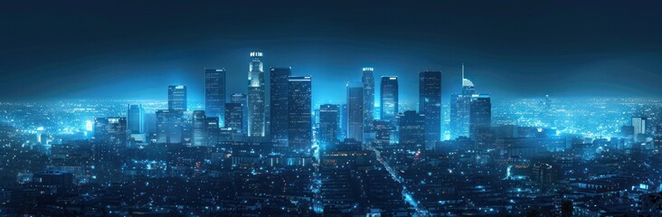 A view of a city skyline at night illuminated by blue lights