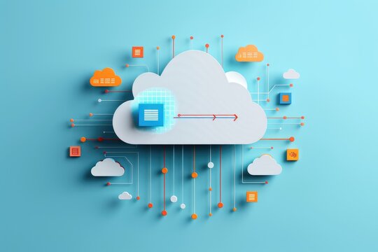 Cloud data management, vibrant clouds interconnected by lines, symbolizing data transfer and storage, depicting digital connectivity and technological integration