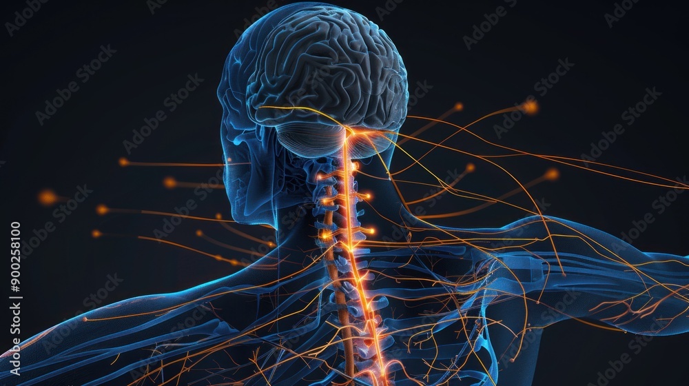 Poster a digital illustration depicting the human nervous system with an emphasis on the brain and spinal c