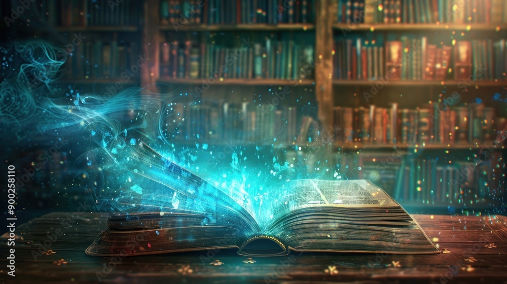 Poster A glowing open book with magic emanating from its pages in a library setting