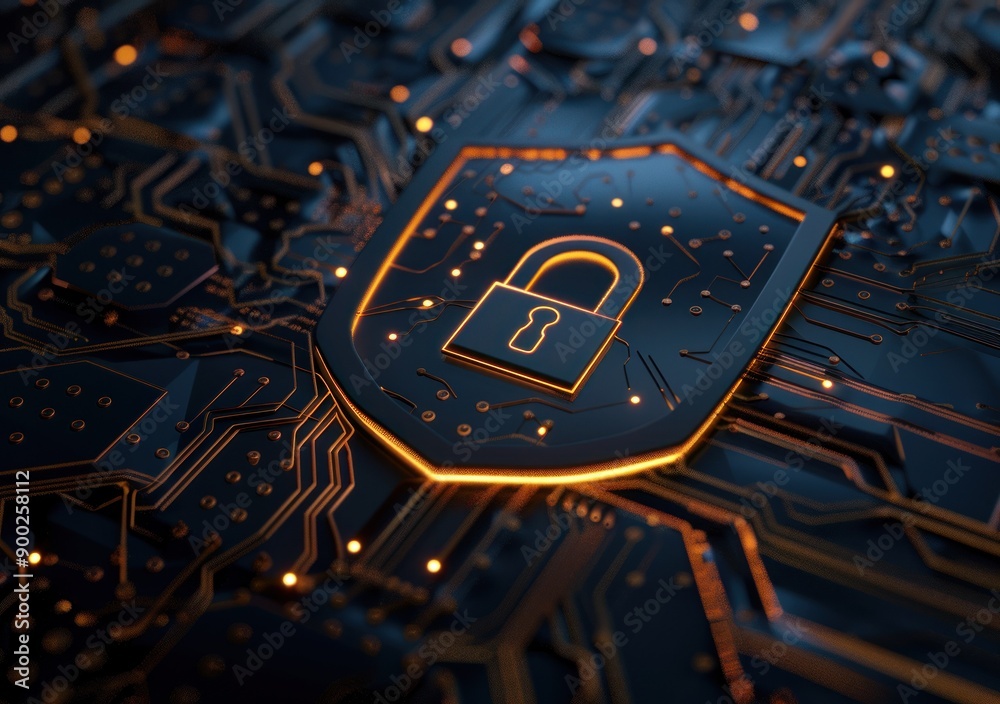Poster a glowing padlock inside a shield on a circuit board