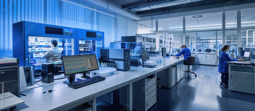 Poster A glimpse into a modern laboratory where scientists work diligently using advanced equipment for research and analysis