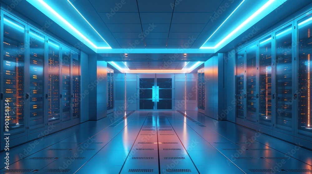 Poster a server room with rows of servers illuminated by vibrant blue and orange lights
