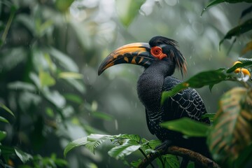 Obraz premium Hornbill perched in the lush greenery of the forest, showcasing the bird's striking appearance and the serene beauty of its environment.