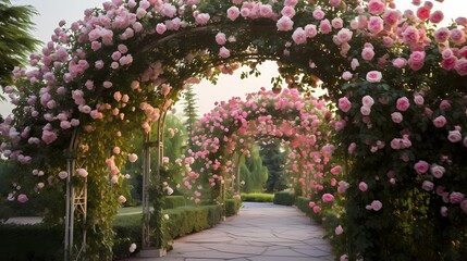 Fototapeta premium A beautiful garden archway covered in vibrant pink roses, leading to a serene, lush green pathway.