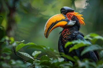 Hornbill perched in the lush greenery of the forest, showcasing the bird's striking appearance and the serene beauty of its environment.