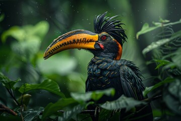 Obraz premium Hornbill perched in the lush greenery of the forest, showcasing the bird's striking appearance and the serene beauty of its environment.