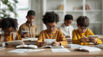 A diverse group of students engaged in collaborative learning with books and digital devices in a modern classroom setting, bright natural light, high contrast