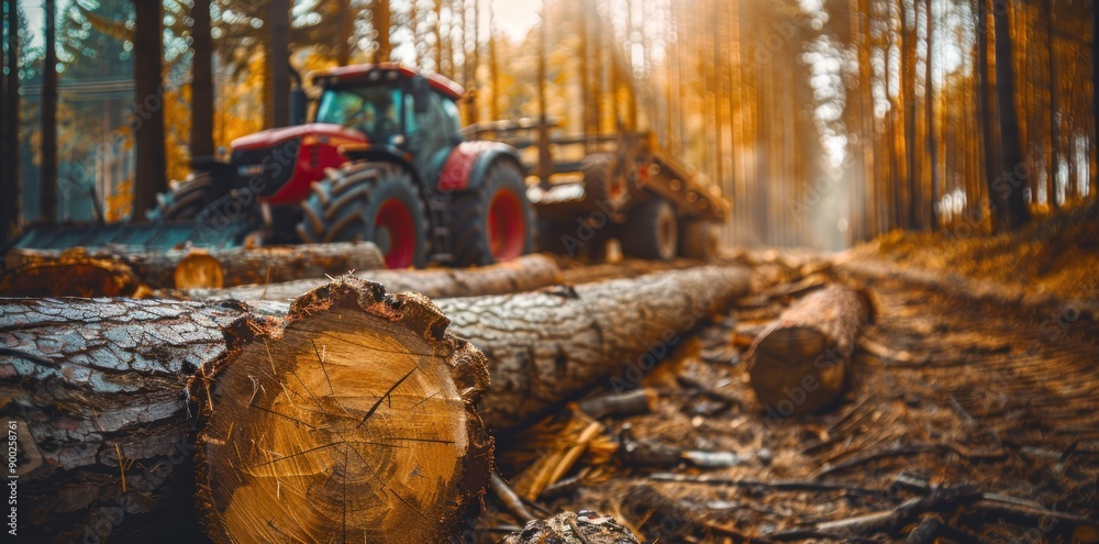 Poster A close up of a felled tree trunk with a blurred tractor in the background