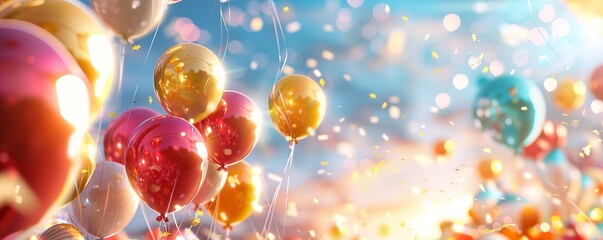 Colorful balloons floating against a bright sky, creating a lively and festive atmosphere full of joy and celebration.