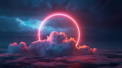 Futuristic abstract background with neon circle and clouds. 