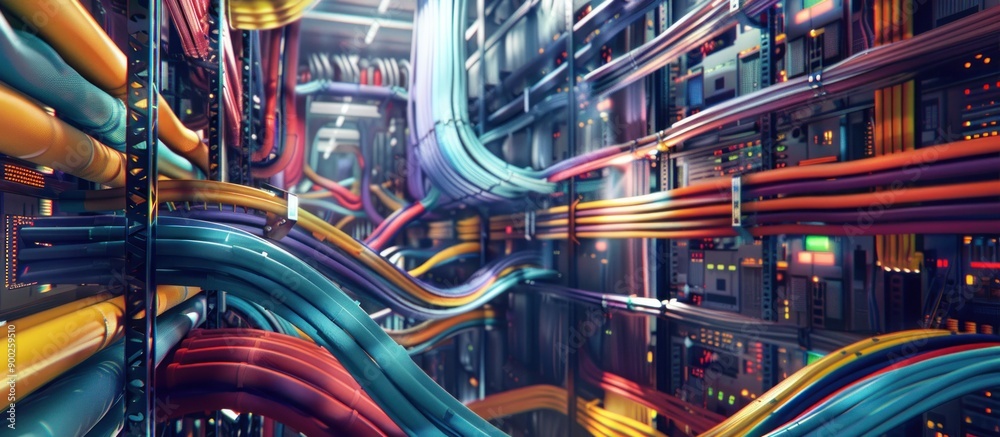 Poster A closeup view of a server room with a vast array of colorful cables