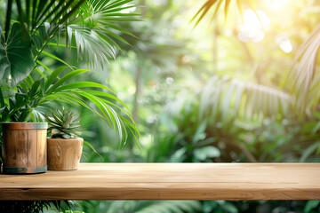 Palm tree in a tropical garden with clear sky and lush greenery