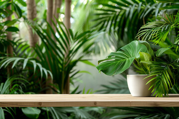 Fototapeta premium Palm tree in a tropical garden with clear sky and lush greenery