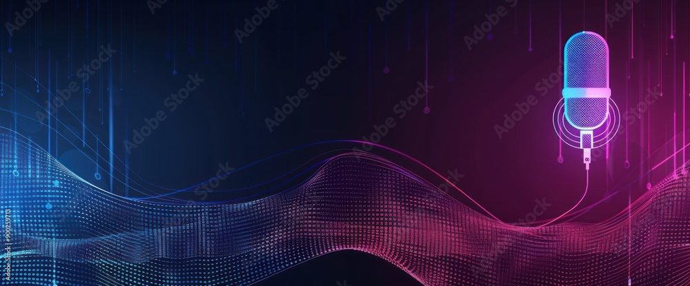 Aufkleber A stylized microphone illuminated with neon lights against a digital data background