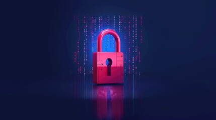 Digital security concept, vibrant pink padlock surrounded by cascading binary code, symbolizing protection and cybersecurity in a modern technological environment