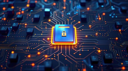 Fototapeta premium Digital security symbol amidst circuit board elements, illuminated with vibrant colors, representing technological protection and innovation in cybersecurity.