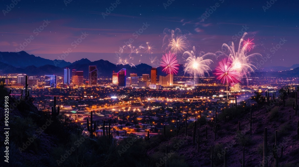 Poster A vibrant city skyline with fireworks exploding over it seen from a distance in the desert