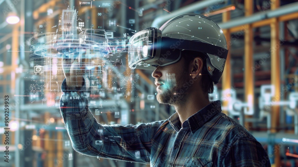 Poster a worker wearing a virtual reality headset interacts with a digital model of a city