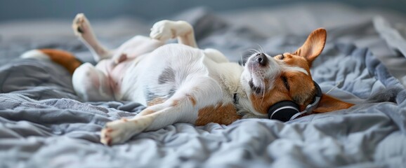 Obraz premium Cute dog jack russell terrier lies on his back on the bed and listens to music on headphones.