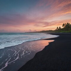 Obraz premium beach seashore with black sand and pastel color sky during sunset