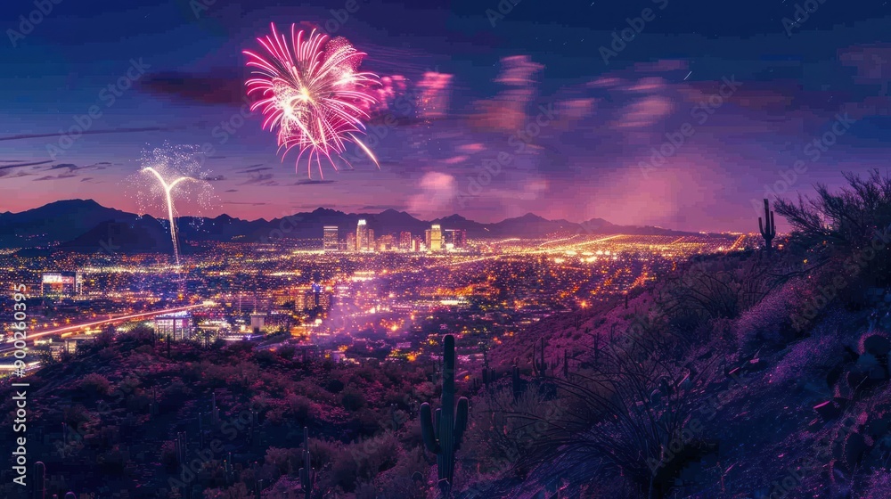 Poster fireworks illuminate the city skyline with a vibrant display against the backdrop of a majestic moun