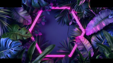A pink neon hexagon surrounded by vibrant tropical leaves on a dark blue background