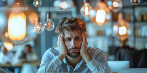 Fototapeta premium A frustrated man sitting in an office environment, surrounded by hanging light bulbs, symbolizing stress and a struggle with ideas.