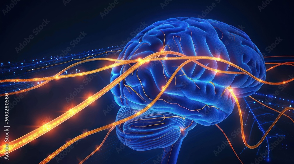 Poster a glowing blue brain with illuminated pathways connecting it to other parts of the nervous system