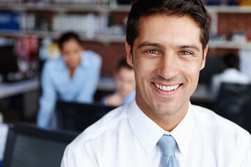 Portrait, manager and happy business man in office for coworking, career and job at workplace....