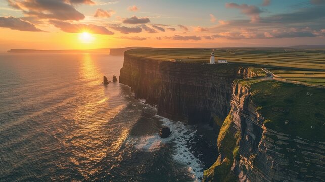 A solitary lighthouse stands on a dramatic cliffside overlooking a golden sunset and the vast ocean