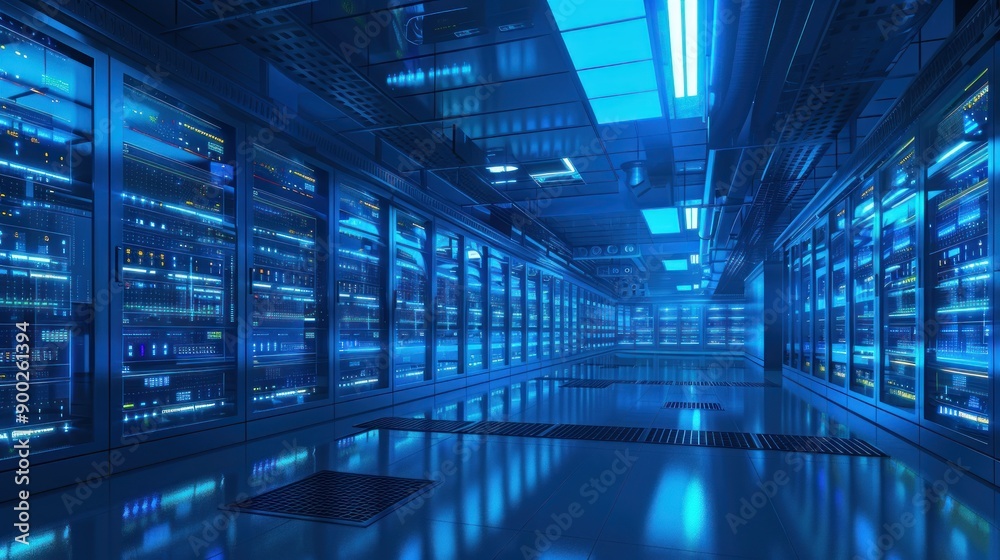 Poster A long hallway lined with rows of glowing server racks in a modern data center