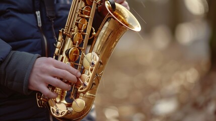 Obraz premium someone is playing saxophone close up