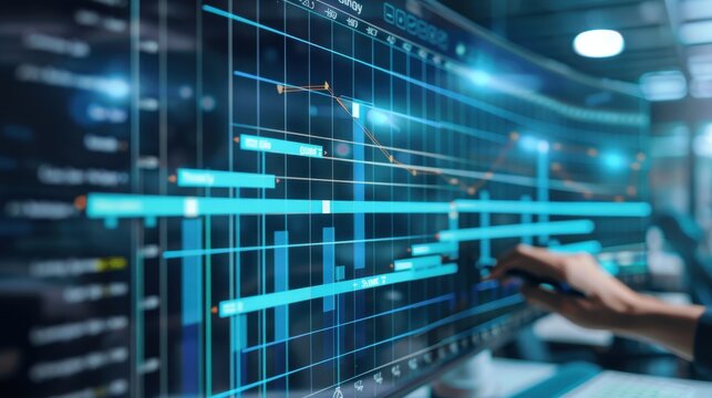 Strategic Project Planning: Colleagues Analyzing Gantt Chart for Timeline Management in Tech Workspace
