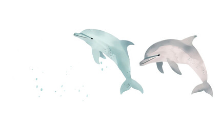 Fototapeta premium two dolphins in airy pastel color palette on white background. 