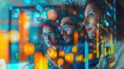 Collaborative Analysis: Colleagues Delving into Big Data for Business Insights Against a Vibrant Data Center Backdrop