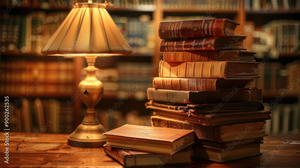 Poster A Stack of Old Books With A Lamp On A Wooden Table