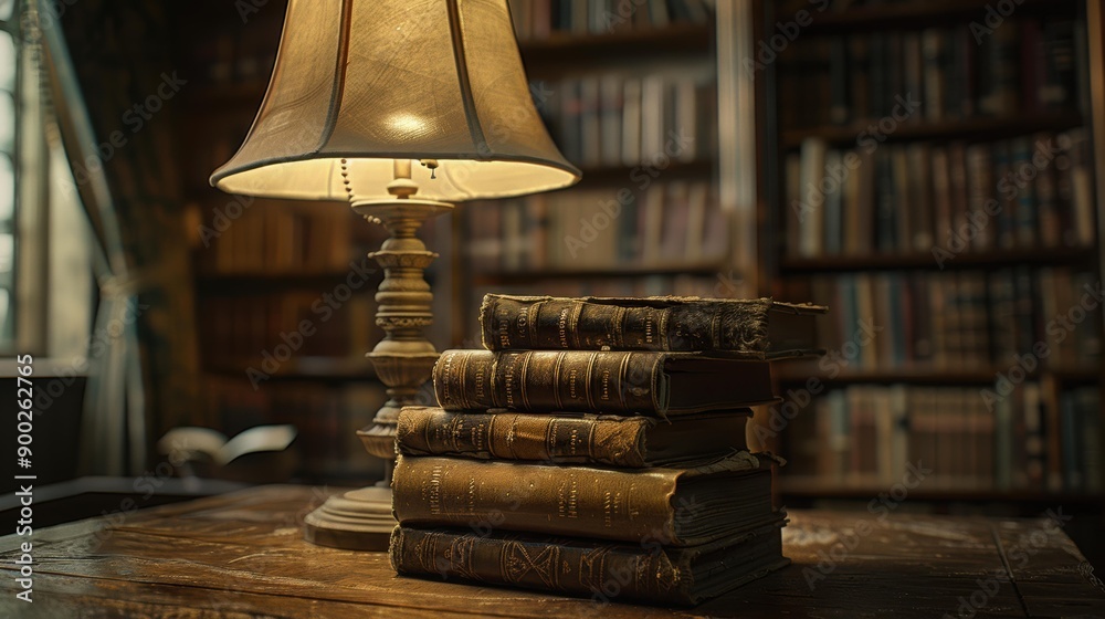 Poster A Stack of Old Books Under a Lamp in a Library