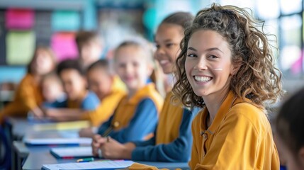 Fototapeta premium Ensuring Academic Excellence: Supervisor Monitoring Compliance with Educational Standards in an Ethereal Classroom Setting with Selective Focus