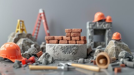 A detailed miniature construction site featuring bricks, hard hats, tools, and ladders. The setup captures the essence of building and construction in a small scale.