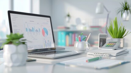 Modern Office Workspace with Tax Documents, Calculator, and Laptop on Desk Against Light Grey Background with Copy Space