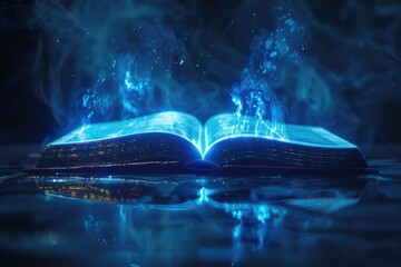 An open book sitting on a table with mysterious blue smoke rising from it