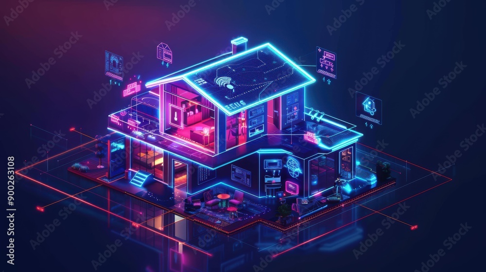 Poster smart home with glowing neon lines and connected devices