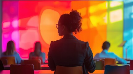 Evaluating Employee Development: Supervisor Silhouette Reviewing Vibrant Training Program in a Brightly Lit Room with Copy Space