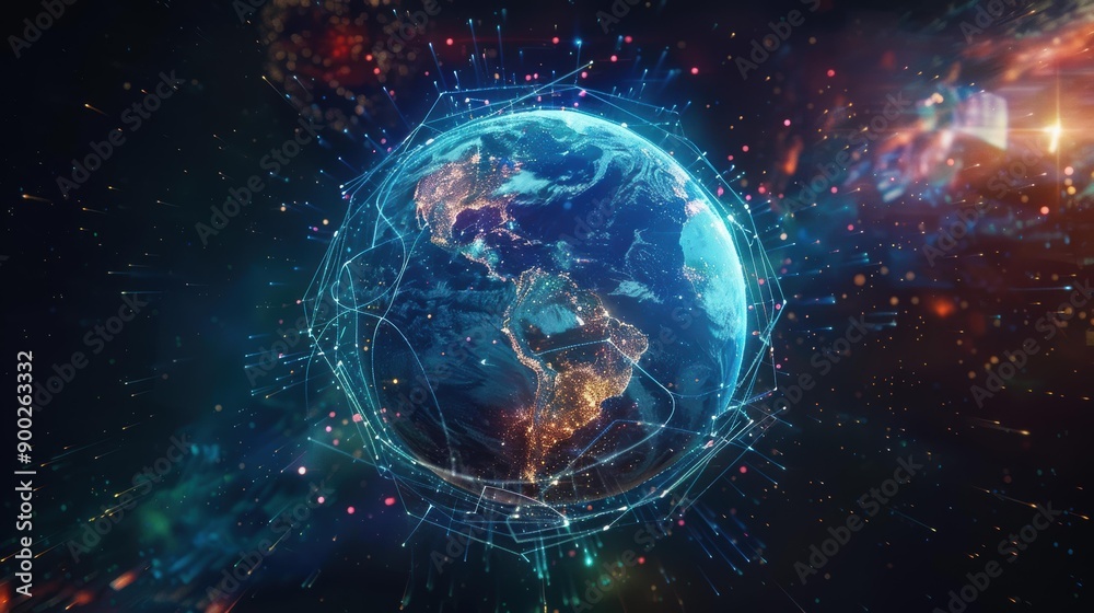Poster earth globe enclosed in a network of light streaks and connections