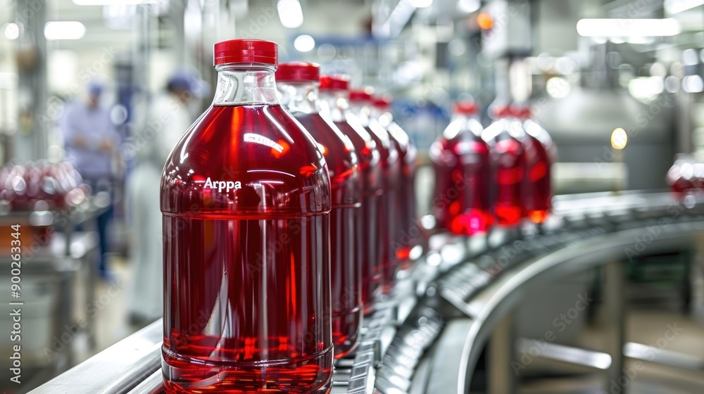 Poster bottles of red liquid moving on a conveyor belt in a factory setting