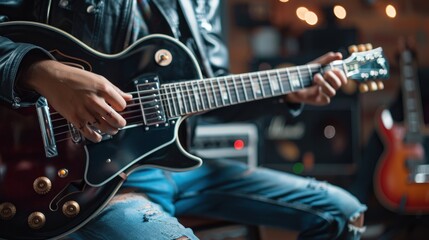 Obraz premium someone is playing guitar close up