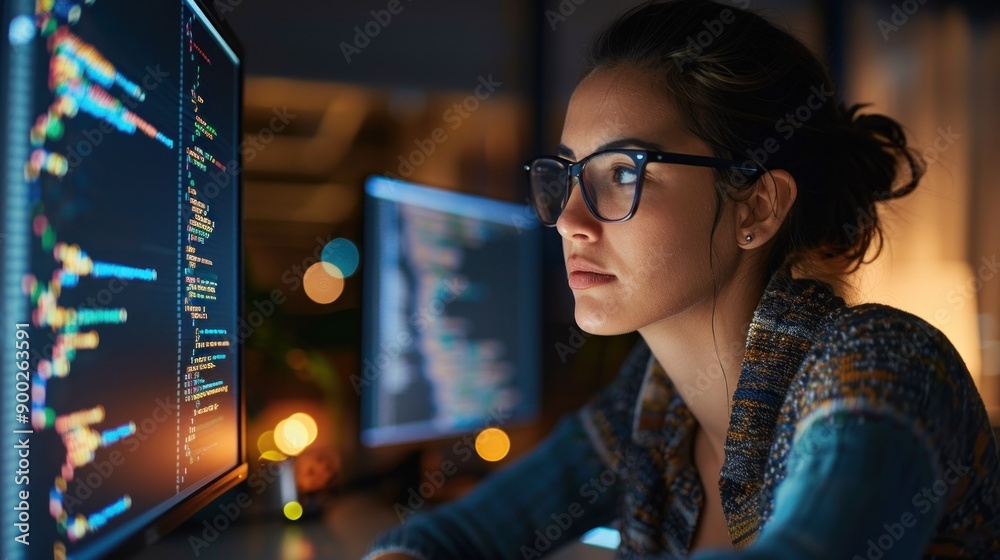 Poster A woman intently gazes at a computer screen displaying colorful code her focused expression illuminated by the glow of the monitor