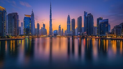 Fototapeta premium Dubai Skyline at Dusk with Water Reflections