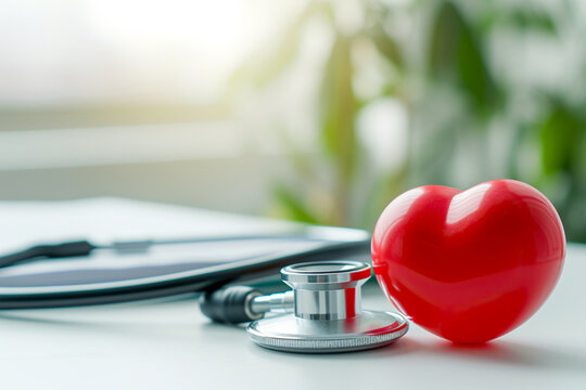 Red heart with doctor stethoscope in hospital. Cardiology and life insurance concept